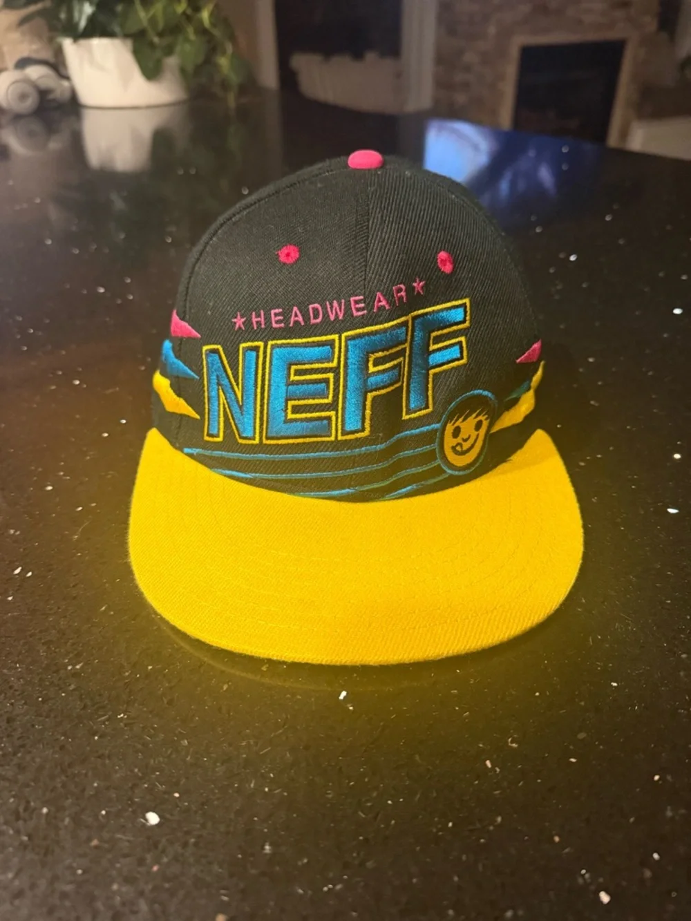 Neff Black Snapback Hat with Yellow Brim and Pink Accents - Picture 2 of 5